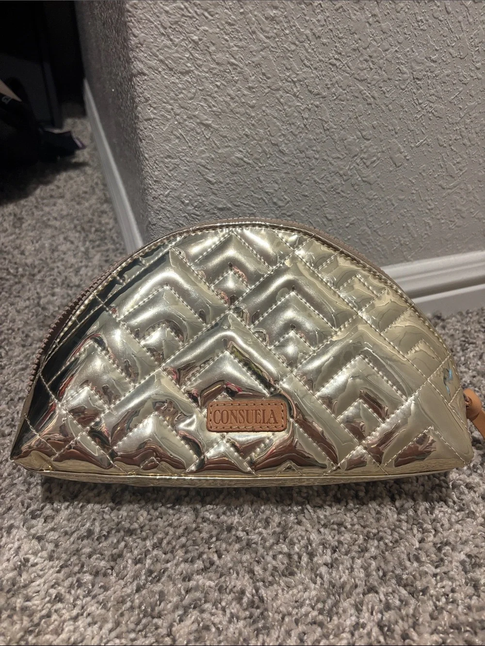 Consuela Shiny Quilted Metallic Gold Cosmetic Pouch